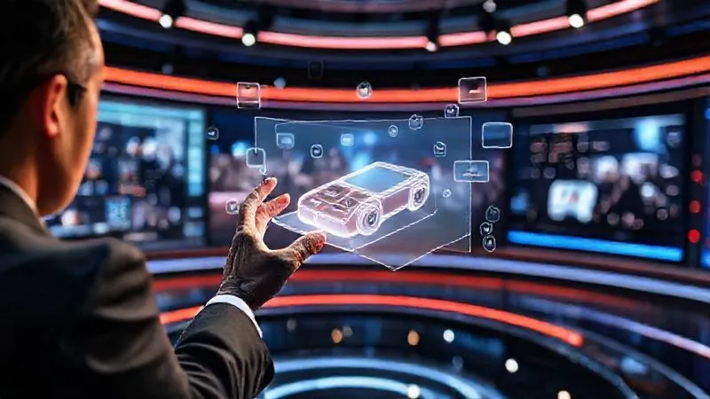 A photorealistic image showing a futuristic news studio with holographic displays. A presenter interacts with a 3D model of a new gadget using hand gestures, while live audience engagement metrics (likes, comments, shares) float around the screen. The scene should convey innovation and cutting-edge technology in news delivery. Cinematic lighting, sharp focus, depth of field, 8K hyper-detailed, professional photography.