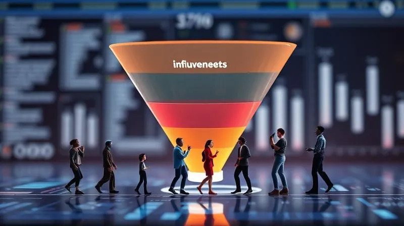 A photorealistic, professional photography, 8K, cinematic lighting, sharp focus, depth of field shot on a high-end DSLR, showing a three-stage sales funnel (Awareness, Consideration, Conversion) with small, diverse human figures (representing influencers) interacting at each stage, guiding larger figures (representing customers) through the funnel. The background is a subtle digital interface.