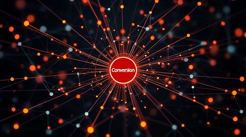 A photorealistic image showing a complex network of interconnected nodes and lines, representing different touchpoints in a customer journey leading to a central conversion point. Various attribution models are visually overlaid, with different weights assigned to nodes, all in a digital, analytical aesthetic, 8K, cinematic lighting.