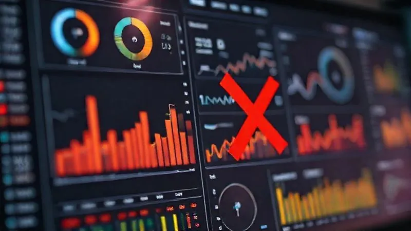 A photorealistic, professional photography, 8K, cinematic lighting, sharp focus, depth of field, shot on a high-end DSLR of a complex dashboard with various charts and graphs, some showing high engagement numbers (likes, shares) but others showing flat sales figures, with a red X over the engagement metrics, symbolizing the danger of vanity metrics. The overall mood is serious and analytical.