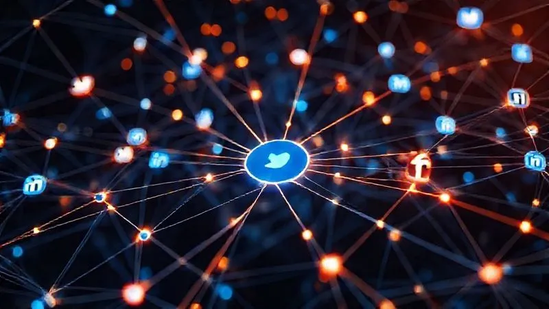 A photorealistic, professional photography, 8K, cinematic lighting, sharp focus, depth of field, shot on a high-end DSLR of a complex web of glowing lines connecting various social media icons (LinkedIn, Twitter, Facebook) to a central node representing a B2B sale, illustrating the concept of multi-touch attribution. The lines have different intensities, representing varying weights in attribution models. The scene is futuristic and analytical.