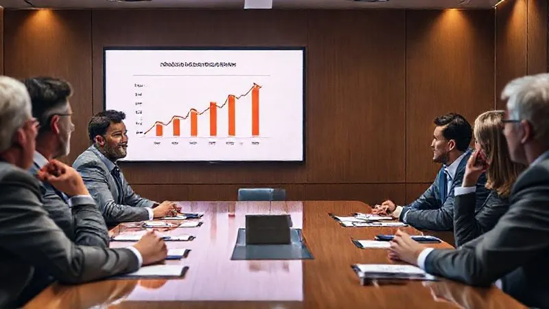 A photorealistic, professional photography, 8K, cinematic lighting, sharp focus, depth of field, shot on a high-end DSLR of a boardroom scene. A confident marketing professional is presenting a clear, impactful slide on a large screen, showing a concise summary of ROI metrics with upward-trending graphs. The C-level executives around the table are nodding in approval, their faces reflecting understanding and satisfaction. The atmosphere is one of success and strategic alignment.