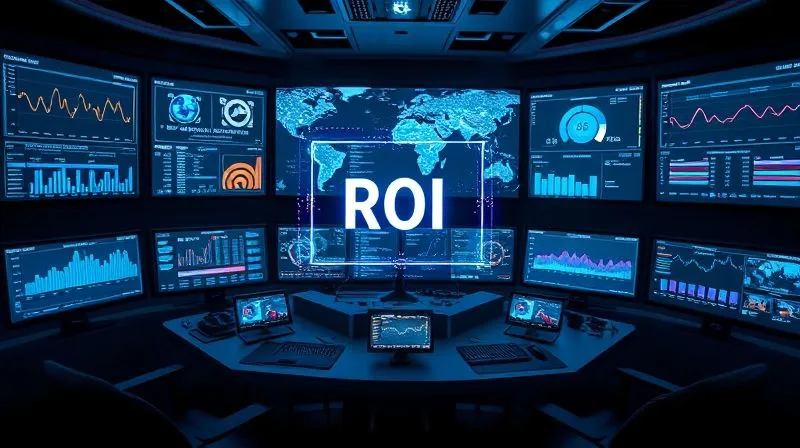 A photorealistic image of a futuristic control room with multiple screens displaying complex data visualizations, charts, and video analytics. A central holographic interface shows a clear ROI calculation. Cinematic lighting, sharp focus on the screens, depth of field, 8K hyper-detailed, professional photography, shot on a high-end DSLR.