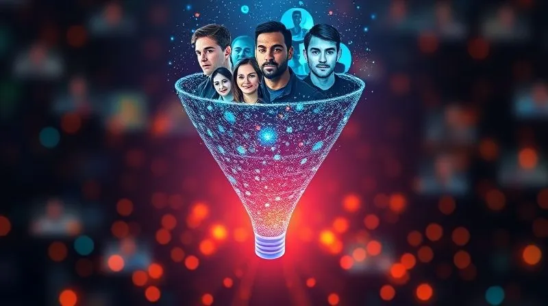 A photorealistic image of a vibrant digital funnel, with glowing data points representing leads flowing from the top (awareness) to the bottom (conversion). The top part shows diverse faces of B2B professionals engaging with content. Cinematic lighting, sharp focus on the funnel, depth of field blurring a background of abstract data, 8K hyper-detailed, professional photography, shot on a high-end DSLR.