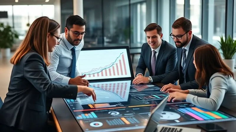 A photorealistic image of a diverse team of B2B professionals collaborating around a large, interactive digital table displaying complex data visualizations. One person points at a graph showing an upward trend, while others nod in agreement. Cinematic lighting, sharp focus on the faces and data, depth of field blurring the background of a modern office, 8K hyper-detailed, professional photography, shot on a high-end DSLR.