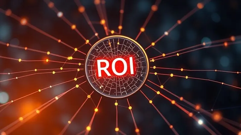 A photorealistic image of a complex spider web of interconnected data points, with some threads glowing brightly and others tangled or broken. In the center, a magnifying glass highlights the 'ROI' node. Cinematic lighting, sharp focus on the web, depth of field blurring a background of abstract digital patterns, 8K hyper-detailed, professional photography, shot on a high-end DSLR.