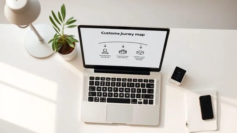 A photorealistic image from a top-down perspective showing a minimalist desk with a laptop displaying a customer journey map for a photography business. Various icons represent stages like 'discovery', 'consideration', 'booking', and 'delivery', with arrows connecting them. Soft, natural light illuminates the scene, sharp focus on the laptop screen, depth of field blurring a plant in the background, 8K hyper-detailed, professional photography.