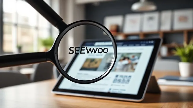 A photorealistic image of a magnifying glass hovering over a website displayed on a tablet, with various SEO elements highlighted (keywords, meta description, image alt text). The background is a blurred office setting with natural light, sharp focus on the tablet and magnifying glass, depth of field creating a soft bokeh, 8K hyper-detailed, professional photography.