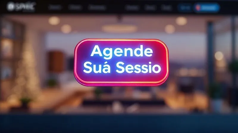 A photorealistic image of a vibrant, three-dimensional call-to-action button (e.g., 'Agende Sua Sessão') floating above a blurred, elegant website background. The button is glowing slightly, drawing attention, with cinematic lighting, sharp focus on the button, depth of field blurring the background, 8K hyper-detailed, professional photography.