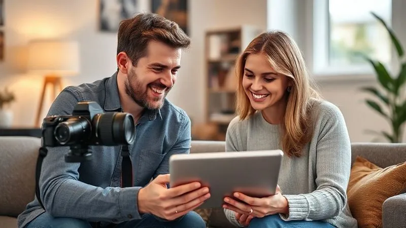 A photorealistic image of a photographer warmly interacting with a client during a consultation, both smiling and looking at a tablet displaying a portfolio. The setting is a cozy, well-lit studio, emphasizing connection and trust. Cinematic lighting, sharp focus on their faces, depth of field blurring the background, 8K hyper-detailed, professional photography.