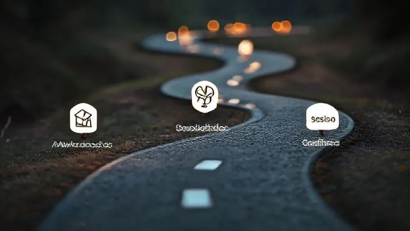 A photorealistic, professional photography of a winding path representing the customer journey, with distinct luminous markers for 'Awareness', 'Consideration', and 'Decision' stages. Each marker is surrounded by relevant content icons (blog post, ebook, demo). Cinematic lighting, sharp focus on the path ahead, depth of field blurring the distant background. 8K hyper-detailed, shot on a high-end DSLR.