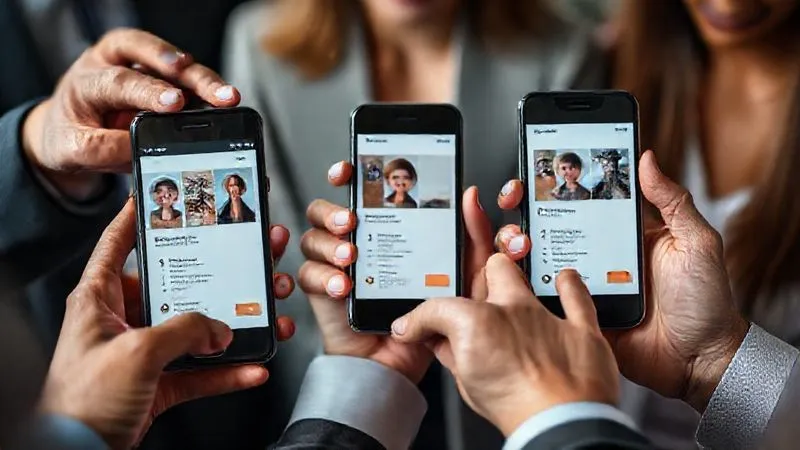 A photorealistic, professional close-up shot of a diverse group of hands, each holding a smartphone displaying a sleek, modern digital business card with different professional profiles (lawyer, designer, consultant), cinematic lighting, sharp focus on the screens, depth of field blurring the background. The cards show clear, high-quality photos and concise value propositions. 8K hyper-detailed.