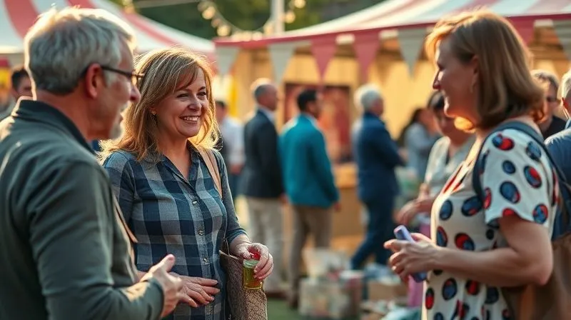 A photorealistic image of a vibrant local community event, with people interacting happily, a small business stall visible in the background, warm natural light, sharp focus, 8K hyper-detailed, professional photography, shot on a high-end DSLR.