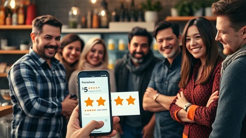 A photorealistic image of a diverse group of happy customers interacting with a friendly shop owner, a smartphone in the foreground displaying a 5-star review, warm and inviting atmosphere, cinematic lighting, sharp focus, 8K hyper-detailed, professional photography, shot on a high-end DSLR.