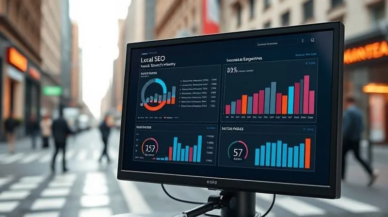 A photorealistic image of a modern digital marketing dashboard displaying local SEO metrics, with graphs showing increased local search visibility and customer engagement. The screen is in sharp focus, with a blurred background of a bustling city street. Cinematic lighting, 8K hyper-detailed, professional photography, shot on a high-end DSLR.
