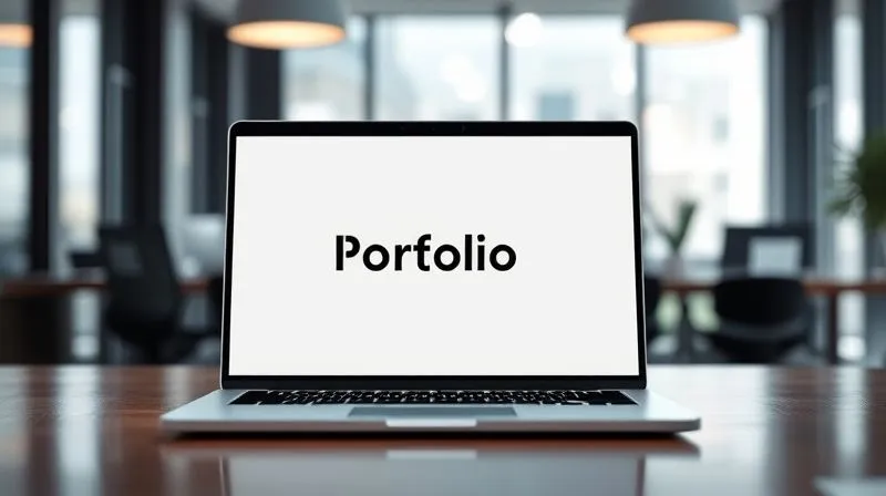 Photorealistic image of a sleek, minimalist digital portfolio displayed on a modern laptop screen, with clean typography, ample white space, and a professional color palette. The background is a blurred, high-end office environment, 8K, cinematic lighting, sharp focus on the screen, depth of field.