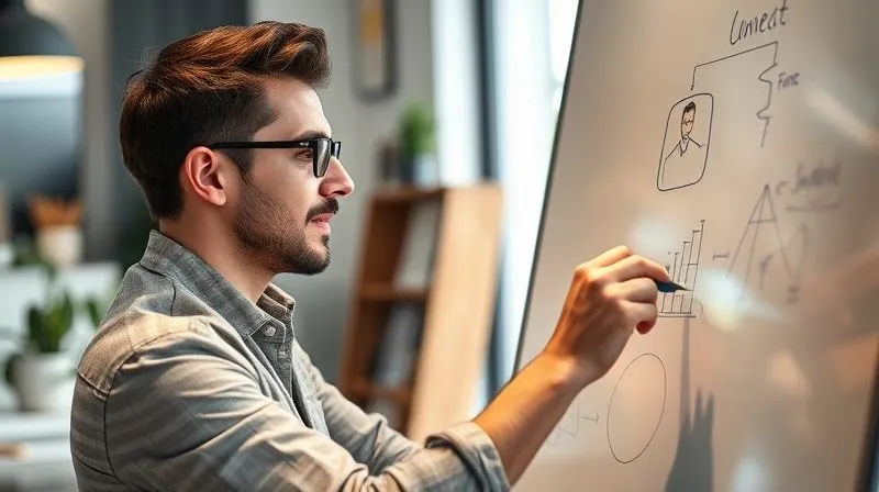 Photorealistic image of a professional freelancer, in their element, perhaps sketching ideas on a whiteboard with a thoughtful expression, or having a focused video call. The setting is a modern, clean home office. The image conveys expertise, approachability, and dedication. 8K, cinematic lighting, sharp focus, depth of field.