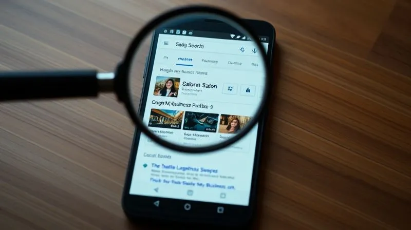 A photorealistic, professional photography, 8K, cinematic lighting, sharp focus, depth of field, shot on a high-end DSLR, of a magnifying glass hovering over a smartphone screen displaying local search results for a salon, with the salon's Google My Business profile prominently featured, emphasizing local visibility and digital presence.