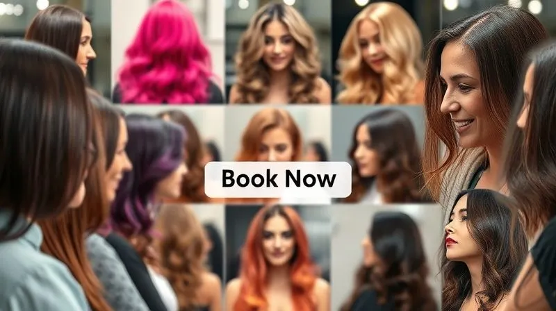 A photorealistic, professional photography, 8K, cinematic lighting, sharp focus, depth of field, shot on a high-end DSLR, of a diverse collage of 'before and after' hair transformations in a modern salon setting, showcasing vibrant colors, precise cuts, and happy client expressions, with a blurred 'Book Now' button subtly integrated in the background, conveying skill and trust.