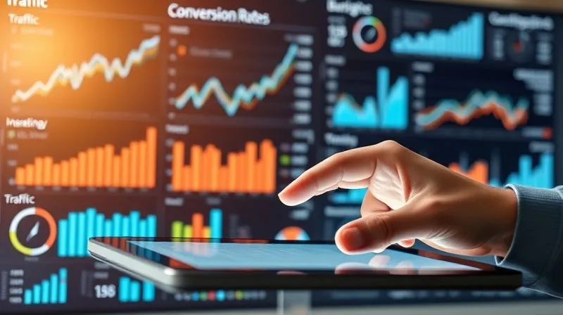 A photorealistic, professional photography, 8K, cinematic lighting, sharp focus, depth of field, shot on a high-end DSLR, of a digital dashboard displaying various analytical charts and graphs (traffic, conversion rates, bounce rate) with a hand interacting with a tablet, symbolizing data-driven decision making and continuous optimization for a local business website.