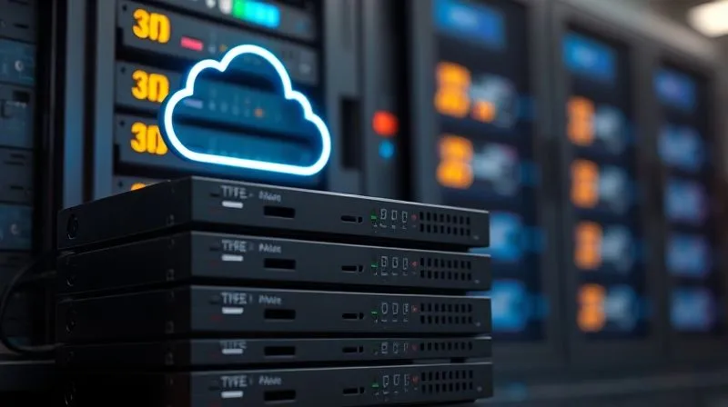 A photorealistic image of multiple external hard drives stacked neatly next to a glowing server rack, with digital data flowing into a cloud icon above. Cinematic lighting, sharp focus on the devices, depth of field blurring the background. Shot on a high-end DSLR, 8K hyper-detailed.