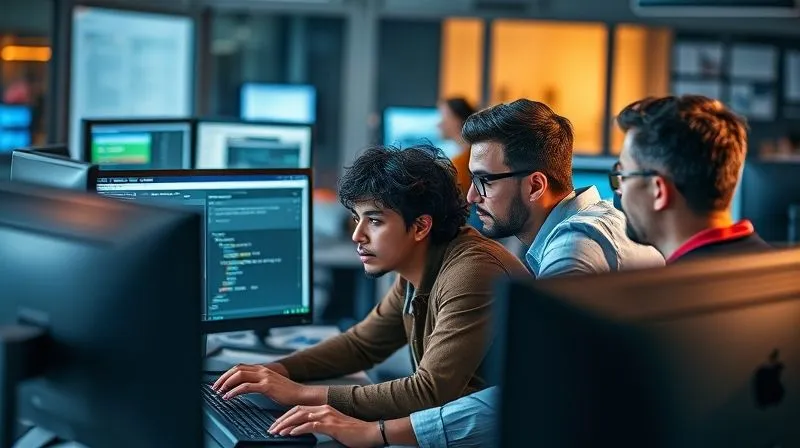 A photorealistic image of a diverse team of quality assurance (QA) testers collaborating around multiple monitors showing different aspects of an online course platform. They are meticulously checking functionalities, with focused expressions and cinematic lighting. Sharp focus on the testers and screens, depth of field blurring the office background. Shot on a high-end DSLR, 8K hyper-detailed.