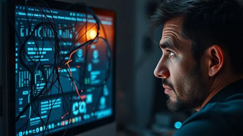 A photorealistic image of a person staring frustratedly at a complex, tangled web of digital wires and broken connections on a computer screen, symbolizing a failed migration. Cinematic lighting, sharp focus on the person's expression and the screen, depth of field blurring the background. Shot on a high-end DSLR, 8K hyper-detailed.
