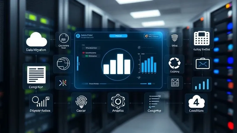 A photorealistic image showing a clean, modern dashboard interface with various digital tools and icons representing data migration, cloud storage, analytics, and communication. The interface is sleek, with subtle glows and cinematic lighting, suggesting efficiency and control. Sharp focus on the central dashboard, depth of field blurring a background of server racks. Shot on a high-end DSLR, 8K hyper-detailed.