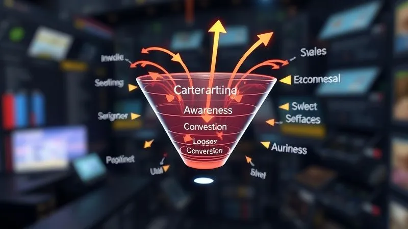 A photorealistic 3D rendering of a complex but clear digital marketing funnel, with arrows indicating customer flow from awareness to conversion, glowing with data points. Professional photography, 8K, cinematic lighting, sharp focus, depth of field. Shot on a high-end DSLR.