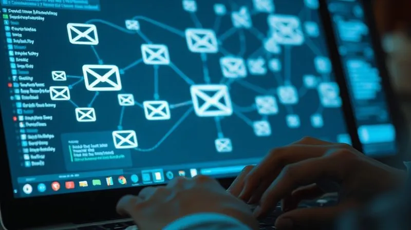 A close-up photorealistic image of a computer screen displaying a sophisticated email automation workflow, with interconnected nodes and lines representing different email sequences and triggers. The screen glows subtly, reflecting on skilled hands typing. Professional photography, 8K, cinematic lighting, sharp focus, depth of field. Shot on a high-end DSLR.
