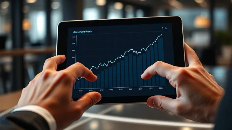 A photorealistic image of a financial graph on a tablet screen, showing a steady, upward trend line after an initial period of volatility, symbolizing stable and continuous revenue growth. Hands are interacting with the tablet, set in a modern office environment. Professional photography, 8K, cinematic lighting, sharp focus, depth of field. Shot on a high-end DSLR.