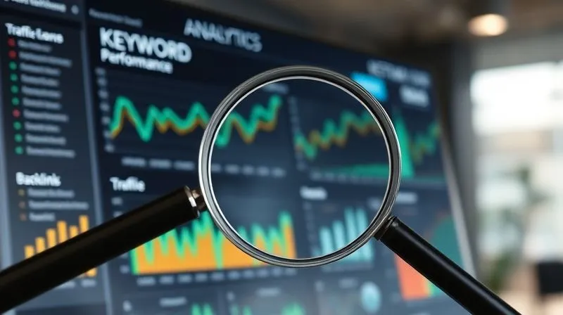 A photorealistic image of a detailed digital analytics dashboard showing traffic graphs, keyword performance, and backlink profiles, with a magnifying glass hovering over key data points. Cinematic lighting, sharp focus on the dashboard elements, depth of field blurring a modern office background, 8K hyper-detailed, shot on a high-end DSLR.