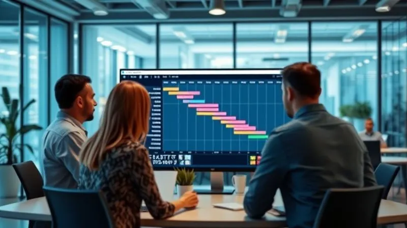 A photorealistic image of a Gantt chart or project timeline displayed on a large monitor in a modern office, with team members collaborating around it. Cinematic lighting, sharp focus on the timeline details, depth of field blurring the background, 8K hyper-detailed, shot on a high-end DSLR.