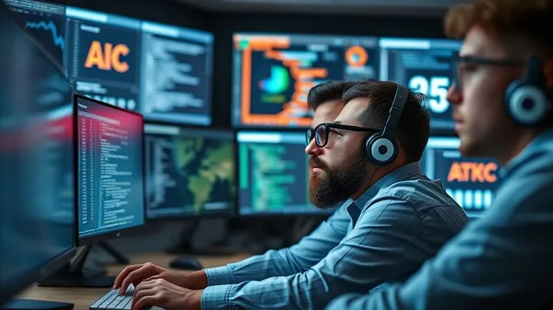 A photorealistic image of a team of e-commerce specialists intensely focused on multiple computer screens, showing code, analytics dashboards, and website previews in a control room setting. Cinematic lighting, sharp focus on the screens and faces, depth of field blurring the background, 8K hyper-detailed, shot on a high-end DSLR.