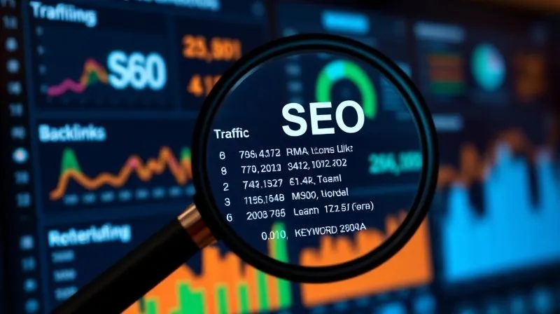 A photorealistic image of a digital dashboard displaying various SEO metrics like traffic, backlinks, and keyword rankings, with a magnifying glass hovering over detailed data points. Cinematic lighting, sharp focus, depth of field, 8K hyper-detailed, professional photography.