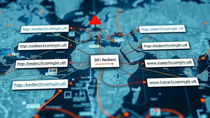 A photorealistic image of a complex flowchart showing old URLs connecting to new URLs via arrows labeled '301 Redirect', laid over a digital map. Cinematic lighting, sharp focus on the connections, depth of field, 8K hyper-detailed, professional photography.