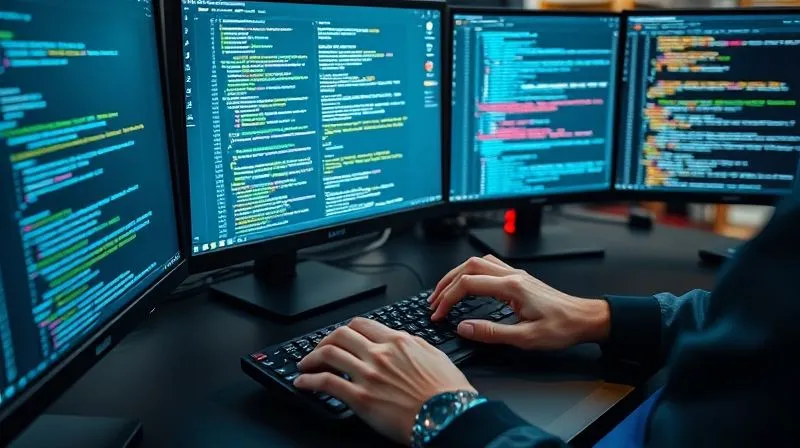 A photorealistic image of a web developer's desk with multiple screens displaying code, performance metrics, and broken link reports, hands meticulously typing. Cinematic lighting, sharp focus on the screens and hands, depth of field, 8K hyper-detailed, professional photography.
