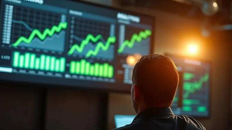 A photorealistic image of a person intently monitoring a large screen showing real-time website analytics with green upward trends, reflecting success. Cinematic lighting, sharp focus on the screen, depth of field, 8K hyper-detailed, professional photography.