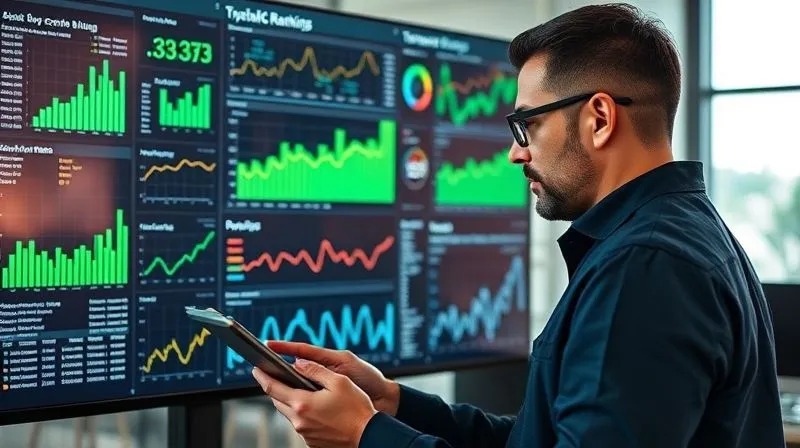 A photorealistic image of a data analyst meticulously examining a complex dashboard with various SEO metrics, including traffic, keyword rankings, and backlink profiles. The screen displays vibrant bar charts and line graphs in shades of green and blue, indicating growth and health. The analyst is focused, with a tablet in hand, in a modern, well-lit office environment. Cinematic lighting, sharp focus on the dashboard and analyst's face, depth of field blurring the background, 8K hyper-detailed, professional photography, shot on a high-end DSLR.