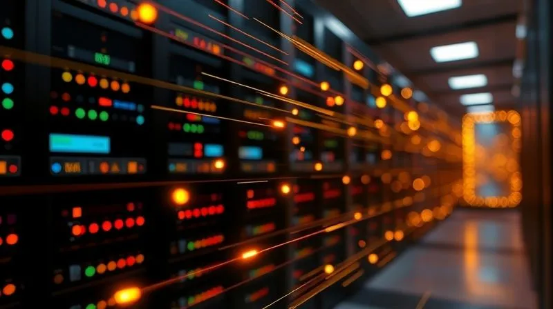 A photorealistic image of glowing data packets moving swiftly across a digital network, symbolizing the transfer of website files and media. The background is a blurred server room with racks of blinking lights, indicating high-tech infrastructure. The focus is on the dynamic flow of information. Cinematic lighting, sharp focus, depth of field, 8K hyper-detailed, professional photography, shot on a high-end DSLR.