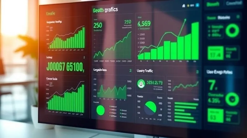 A photorealistic image of a vibrant digital dashboard displaying various SEO and traffic metrics, with green upward-trending graphs and positive data points. The screen shows keyword rankings, organic traffic, conversion rates, and user engagement, all indicating healthy growth. The interface is clean and modern, with subtle reflections of a focused user. Cinematic lighting, sharp focus on the dashboard, depth of field blurring a background of a modern office, 8K hyper-detailed, professional photography, shot on a high-end DSLR.