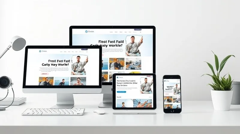 A photorealistic image of a sleek, modern website built on WordPress, displayed flawlessly across multiple digital devices: a high-resolution desktop monitor, a tablet, and a smartphone. The screens show a fast-loading, visually appealing layout with crisp text and vibrant images. The background is a clean, minimalist workspace, emphasizing efficiency and performance. Cinematic lighting, sharp focus on the devices, depth of field blurring the background, 8K hyper-detailed, professional photography, shot on a high-end DSLR.