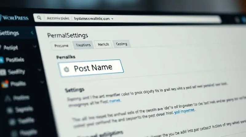 A photorealistic, professional photography shot of a WordPress dashboard with the 'Permalinks' settings open, highlighting 'Post Name' as the selected option. The interface is clean and modern, with cinematic lighting and a sharp focus on the settings area. Depth of field blurs the background slightly, 8K hyper-detailed.