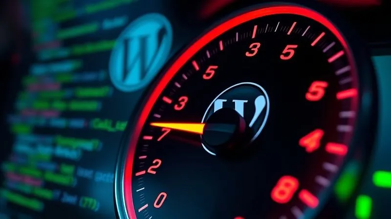 A photorealistic, professional photography shot of a speedometer needle rapidly moving from red (slow) to green (fast), overlaid with digital code snippets and a subtle WordPress logo in the background. Cinematic lighting, sharp focus on the needle, depth of field blurring the code. 8K hyper-detailed, conveying speed and efficiency.