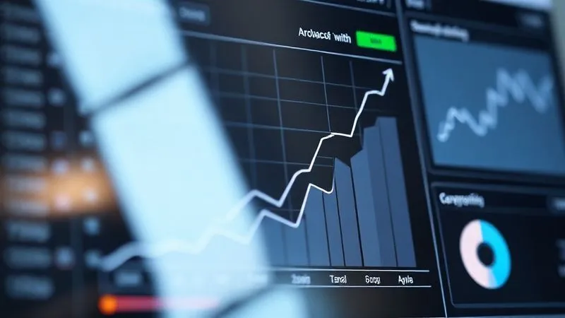 A photorealistic analytical dashboard displaying a line graph with a sharp upward trend, labeled 'Search Volume Growth', alongside related keywords and their increasing popularity. The dashboard features a clean, professional design with cinematic lighting and sharp focus on the data, depth of field blurring the background. 8K hyper-detailed, professional photography, shot on a high-end DSLR.