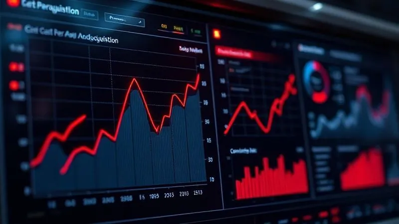 A photorealistic, highly detailed analytics dashboard displaying various metrics with warning signs. One prominent graph shows 'Cost Per Acquisition' spiking upwards, while another shows 'Conversion Rate' declining. Red alerts and flashing indicators highlight these critical changes. The dashboard has a futuristic, professional design with cinematic lighting, sharp focus on the data, and a subtle depth of field. 8K hyper-detailed, professional photography, shot on a high-end DSLR.
