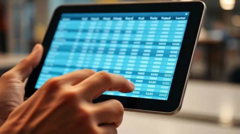 A photorealistic close-up of a hand using a digital tablet, displaying a complex spreadsheet with profit margins and cost breakdowns for various products on different marketplace platforms. The screen glows with data, sharp focus on the tablet, depth of field, cinematic lighting, 8K hyper-detailed, professional photography.