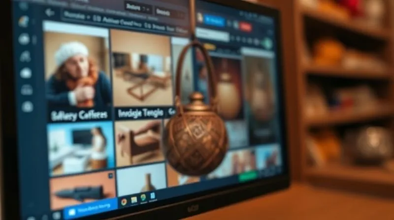 A photorealistic image of a vibrant, professional product photograph on a digital screen, showcasing a unique artisan item with sharp focus and cinematic lighting. In the background, a blurred marketplace interface, emphasizing the product's distinctiveness. 8K hyper-detailed, depth of field, professional photography.