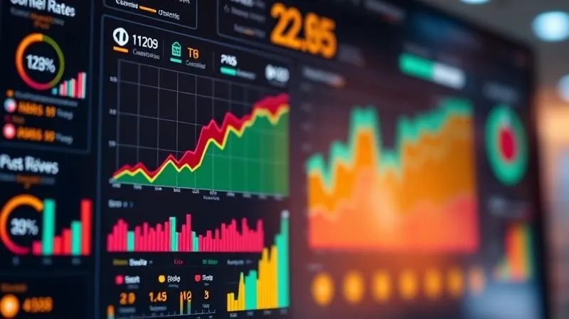 A photorealistic image of a vibrant digital dashboard displaying key performance indicators (KPIs) for an e-commerce store on a marketplace: sales charts, conversion rates, and customer reviews, all trending upwards. Cinematic lighting, sharp focus on the data, depth of field, 8K hyper-detailed, professional photography.