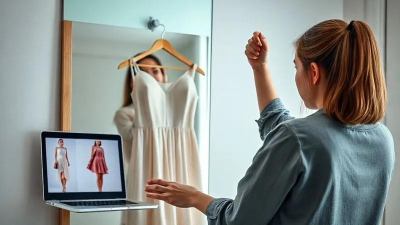 Photorealistic image of a frustrated young woman holding up a dress in front of a mirror, looking disappointed as the fit is clearly different from what she expected based on the online store image. Her laptop shows the original product photo, highlighting the discrepancy. Cinematic lighting, sharp focus on the woman and dress, shallow depth of field, 8K, professional photography, shot on a high-end DSLR.